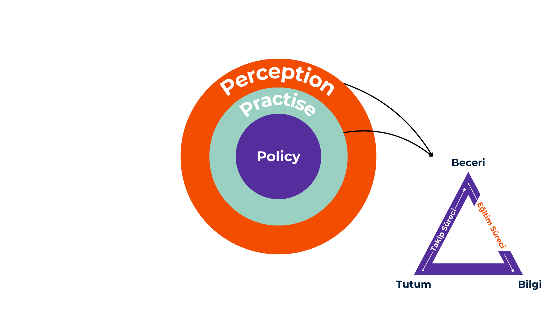 3P Dönüşüm Matrisi: Perception, Practise, Policy katmanları ve bilgi-beceri-tutum ilişkisi