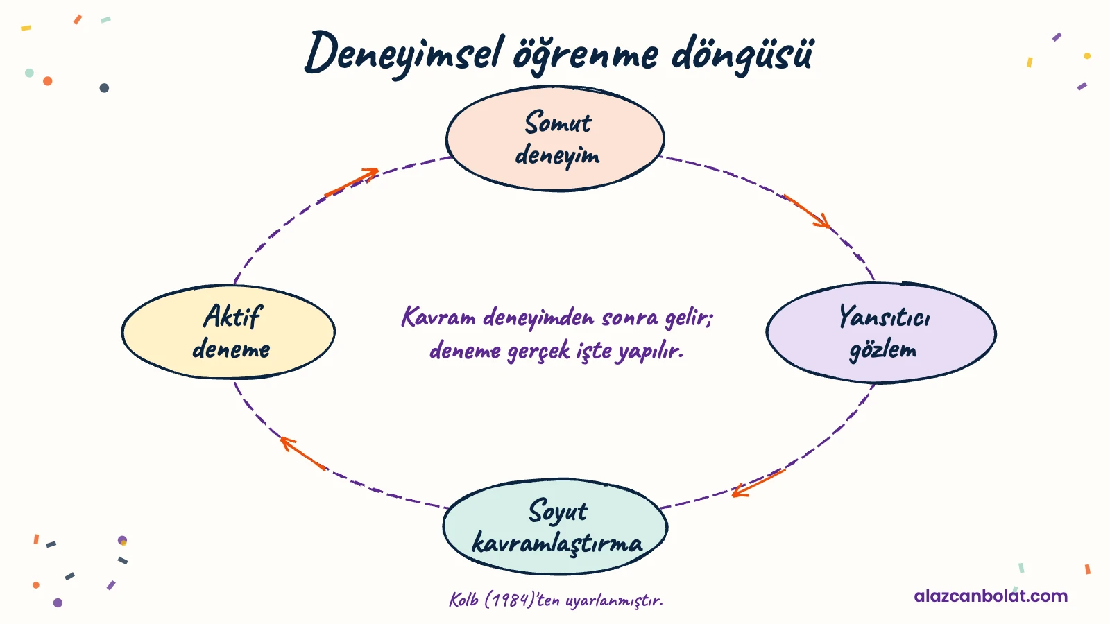 Kolb'un deneyimsel öğrenme döngüsü: somut deneyim, yansıtıcı gözlem, soyut kavramlaştırma, aktif deneme.